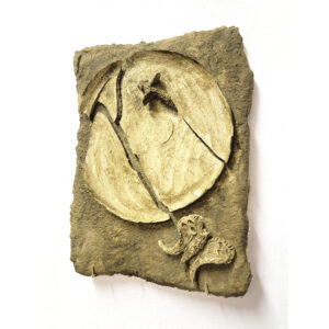 Terre verte tablet with moth moon (2024). Paper pulp, bucket-dried gesso, jesmonite, oil paint. 11 1/2" x 9"